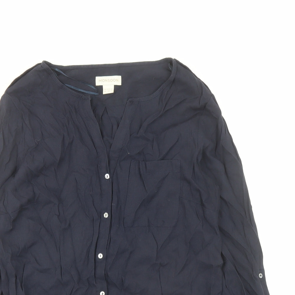 Monsoon Womens Blue Viscose Basic Button-Up Size 12 V-Neck