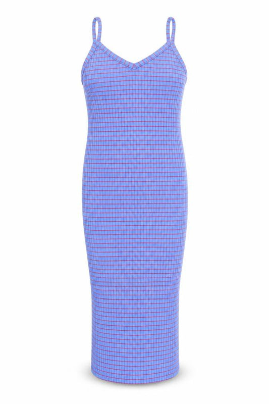 Front view of River Island women’s blue striped polyester tank dress, size UK 12, v-neck pullover