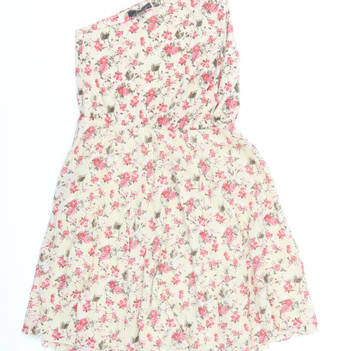 Mango Womens Beige Floral Polyester Fit & Flare Size L One Shoulder Pullover