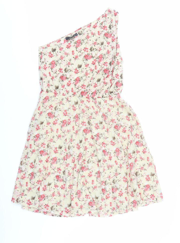 Mango Womens Beige Floral Polyester Fit & Flare Size L One Shoulder Pullover