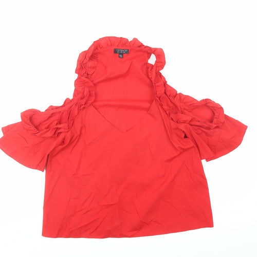 Topshop Womens Red Polyester Basic Blouse Size 10 Boat Neck - Cold Shoulder Detail