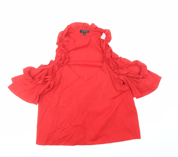 Topshop Womens Red Polyester Basic Blouse Size 10 Boat Neck - Cold Shoulder Detail
