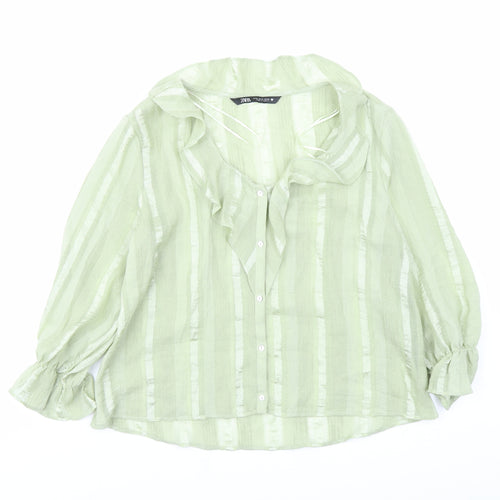 Zara Womens Green Striped Polyester Basic Blouse Size M V-Neck