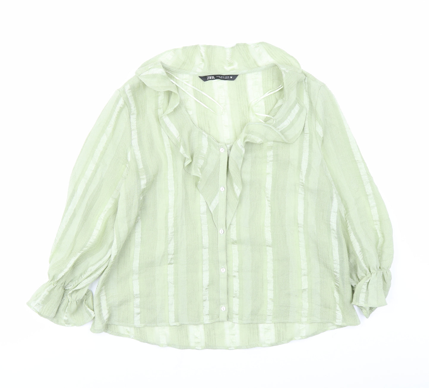 Zara Womens Green Striped Polyester Basic Blouse Size M V-Neck