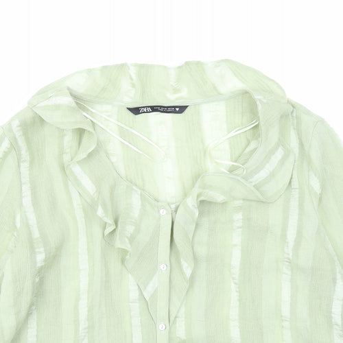 Zara Womens Green Striped Polyester Basic Blouse Size M V-Neck