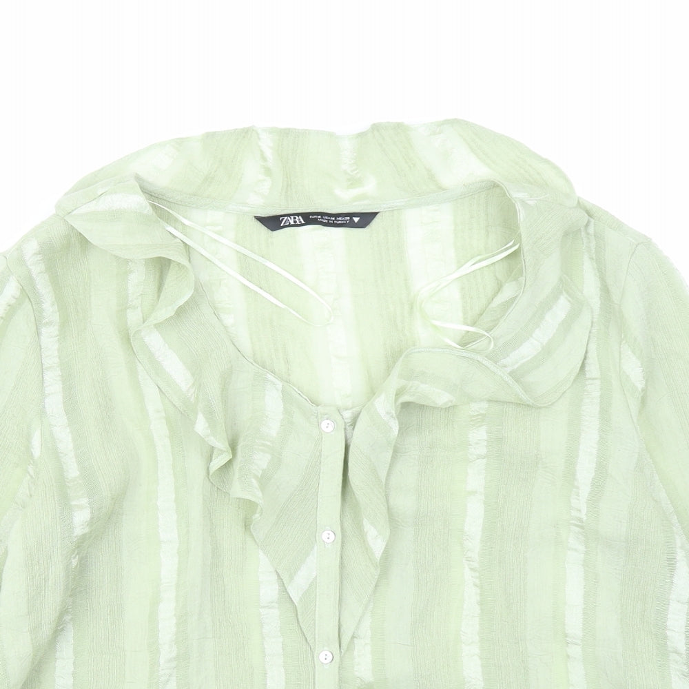 Zara Womens Green Striped Polyester Basic Blouse Size M V-Neck