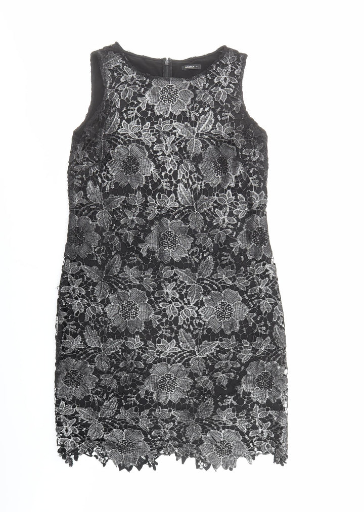 Roman Womens Black Floral Polyester A-Line Size 12 Round Neck Zip