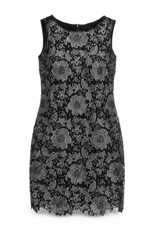 Front view of Roman women’s black floral polyester a-line, size UK 12, round neck zip