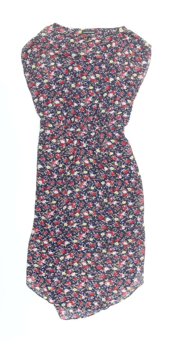 Warehouse Womens Blue Floral Polyester A-Line Size 10 Round Neck Zip - Open Back Detail