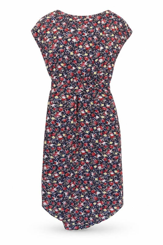 Front view of Warehouse women’s blue floral polyester a-line, size UK 10, round neck zip - open back detail