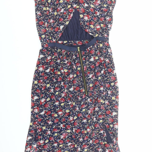 Warehouse Womens Blue Floral Polyester A-Line Size 10 Round Neck Zip - Open Back Detail