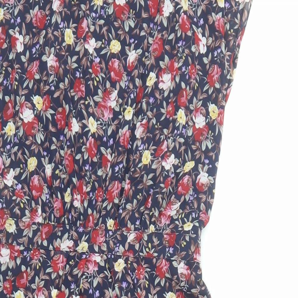 Warehouse Womens Blue Floral Polyester A-Line Size 10 Round Neck Zip - Open Back Detail