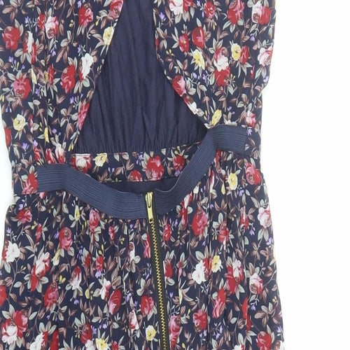 Warehouse Womens Blue Floral Polyester A-Line Size 10 Round Neck Zip - Open Back Detail