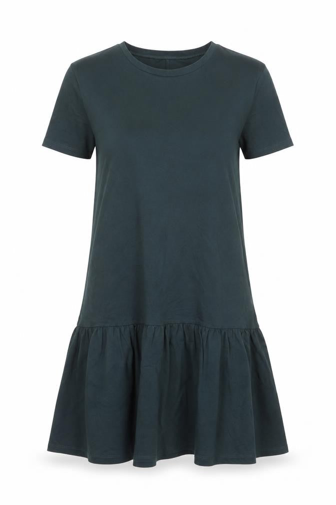 Front view of Zara women’s green polyester t-shirt dress, size S, round neck pullover