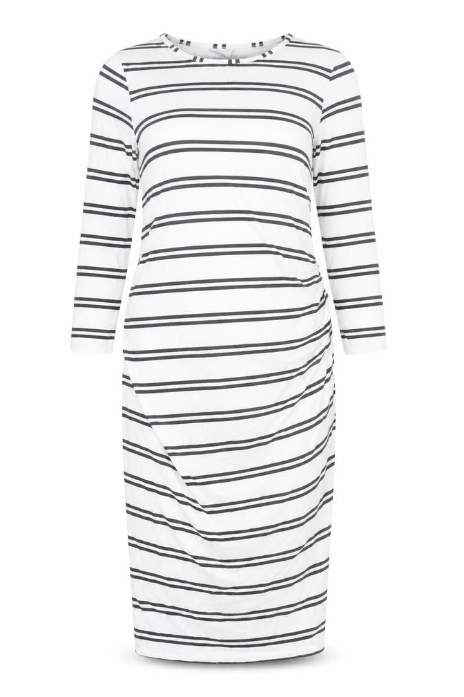 Front view of ASOS women’s white striped polyester pencil dress, size UK 10, round neck pullover