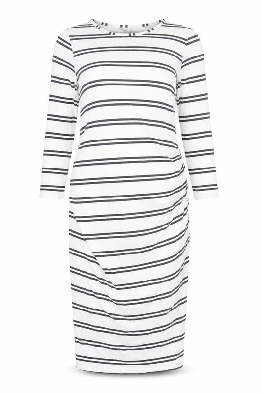 Front view of ASOS women’s white striped polyester pencil dress, size UK 10, round neck pullover