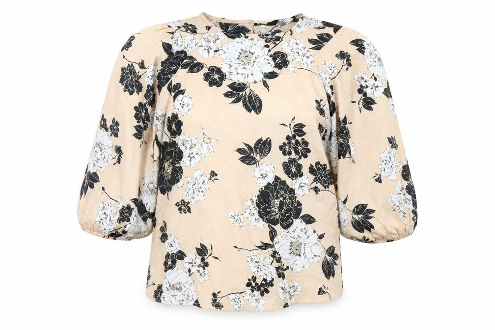 Front view of Dorothy Perkins women’s beige floral polyester basic blouse, size UK 8, round neck