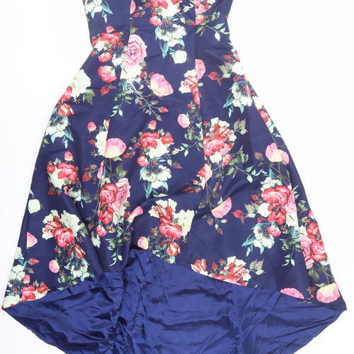 CHI CHI LONDON Womens Blue Floral Polyester Ball Gown Size 14 V-Neck Zip