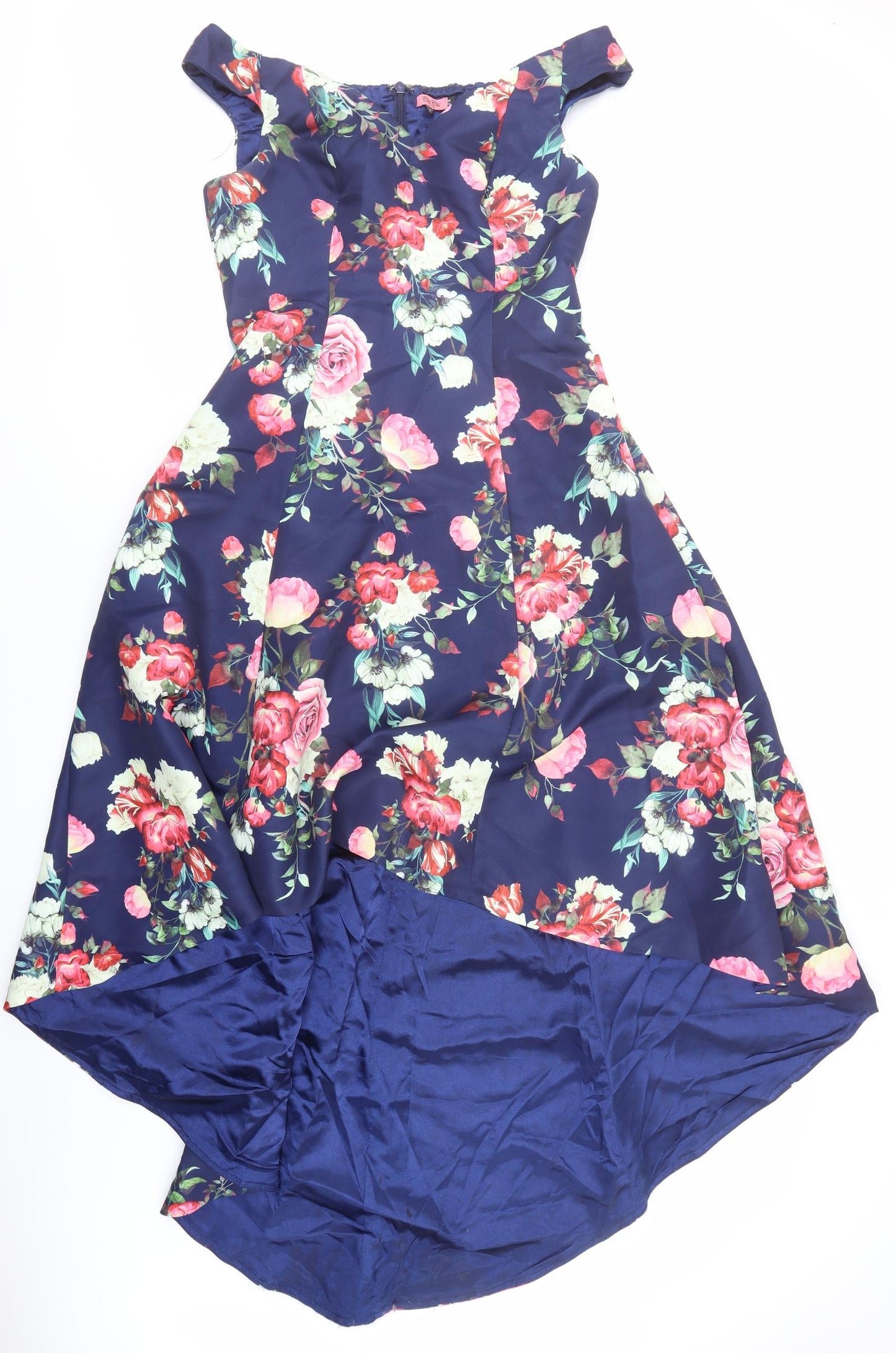 CHI CHI LONDON Womens Blue Floral Polyester Ball Gown Size 14 V-Neck Zip