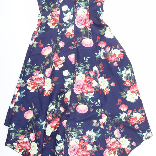 CHI CHI LONDON Womens Blue Floral Polyester Ball Gown Size 14 V-Neck Zip