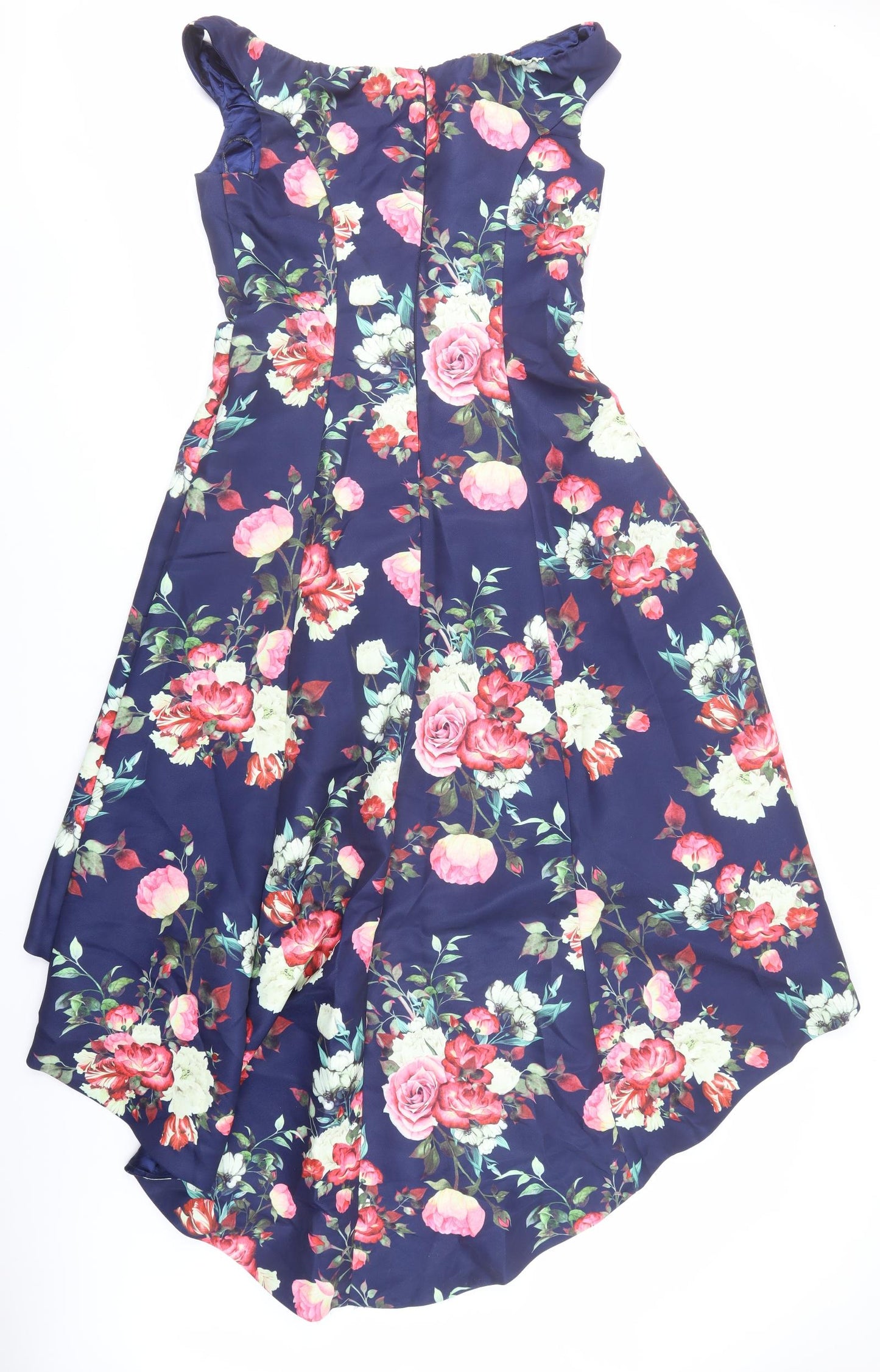 CHI CHI LONDON Womens Blue Floral Polyester Ball Gown Size 14 V-Neck Zip