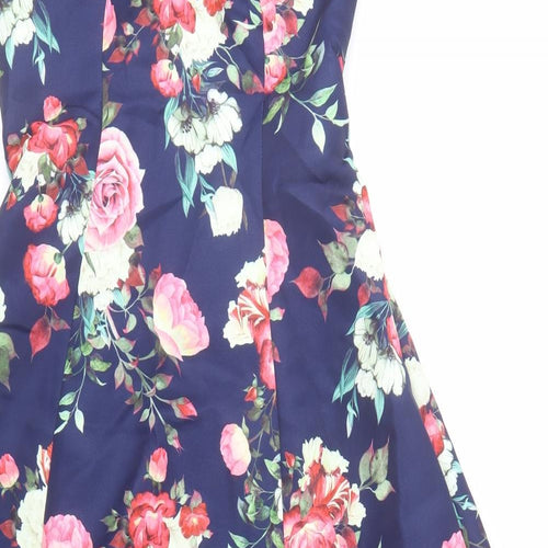 CHI CHI LONDON Womens Blue Floral Polyester Ball Gown Size 14 V-Neck Zip