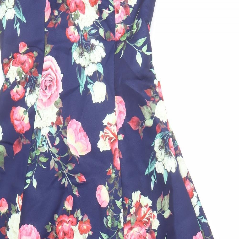 CHI CHI LONDON Womens Blue Floral Polyester Ball Gown Size 14 V-Neck Zip