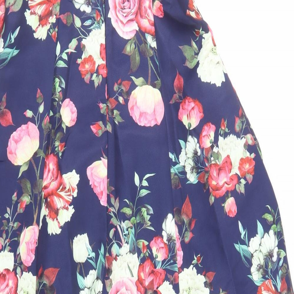 CHI CHI LONDON Womens Blue Floral Polyester Ball Gown Size 14 V-Neck Zip