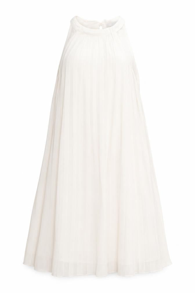 Front view of H&M women’s beige polyester trapeze & swing, size S, round neck button - pleated