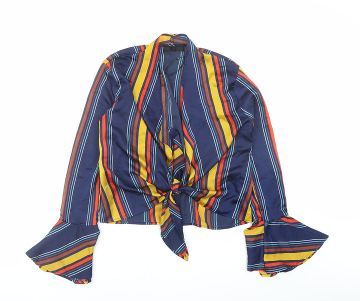 Missguided Womens Blue Striped Polyester Basic Blouse Size 6 V-Neck