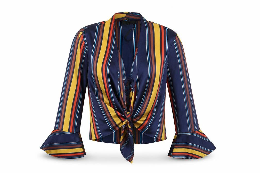 Front view of Missguided women’s blue striped polyester basic blouse, size UK 6, v-neck