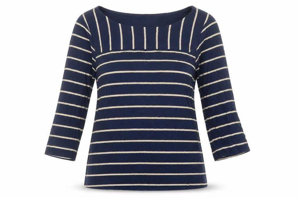 Front view of Dash women’s blue striped viscose basic t-shirt, size UK 14, boat neck