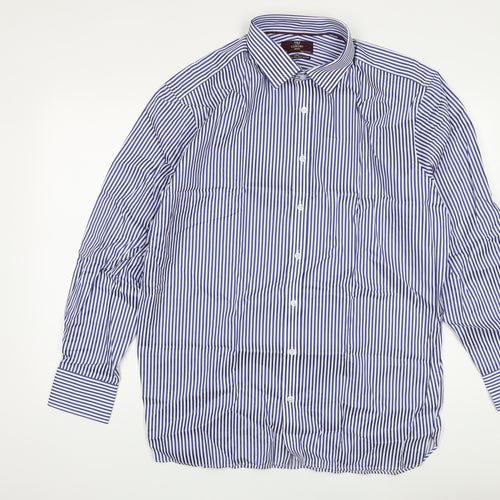Marks and Spencer Mens Blue Striped Cotton Button-Up Size 17.5 Collared Button