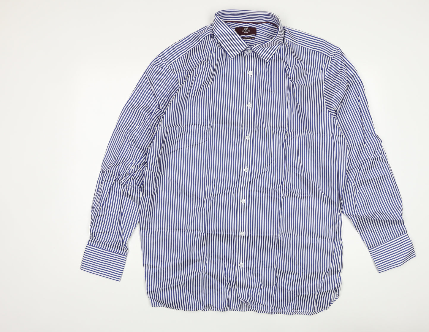 Marks and Spencer Mens Blue Striped Cotton Button-Up Size 17.5 Collared Button
