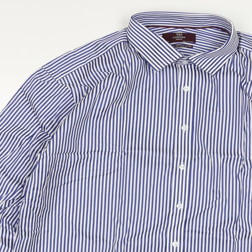 Marks and Spencer Mens Blue Striped Cotton Button-Up Size 17.5 Collared Button