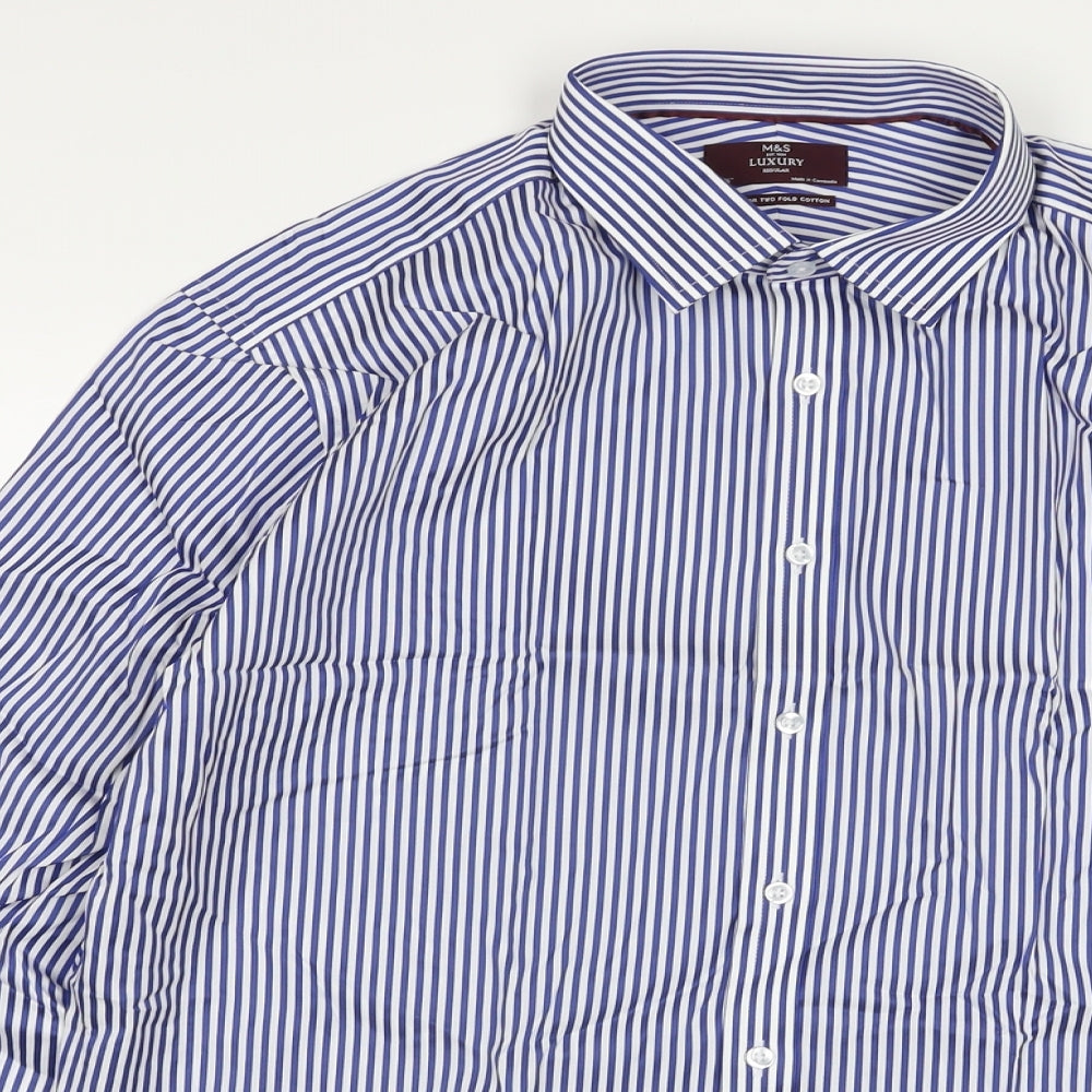 Marks and Spencer Mens Blue Striped Cotton Button-Up Size 17.5 Collared Button