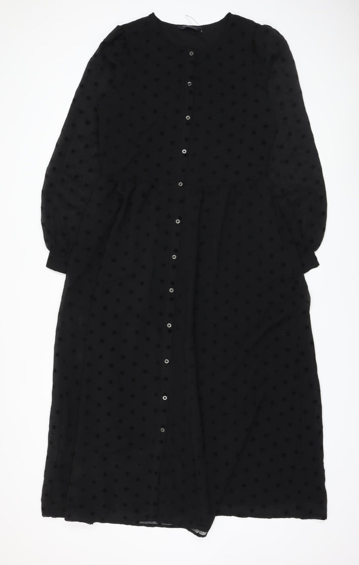 Marks and Spencer Womens Black Polyester A-Line Size 8 Round Neck Button