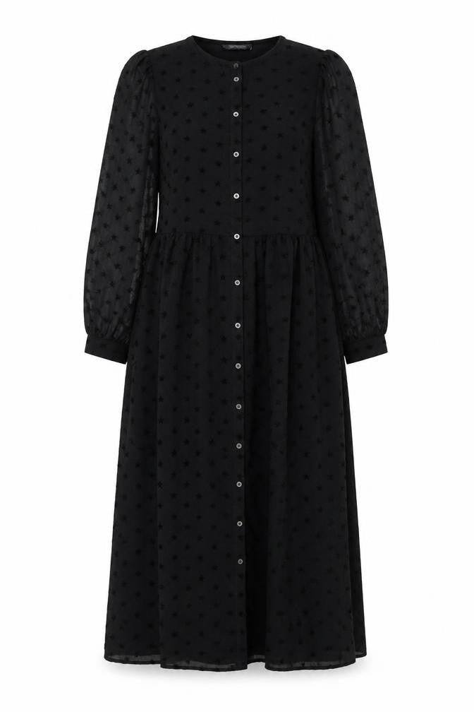 Front view of Marks & Spencer women’s black polyester a-line, size UK 8, round neck button