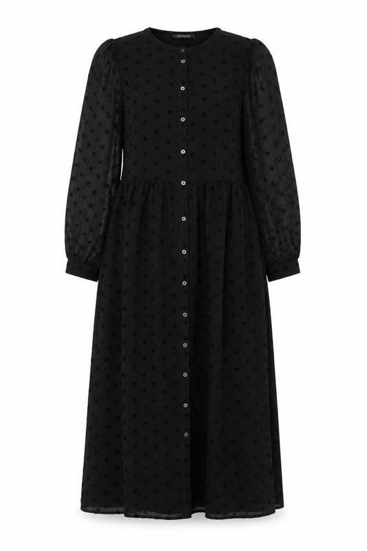 Front view of Marks & Spencer women’s black polyester a-line, size UK 8, round neck button