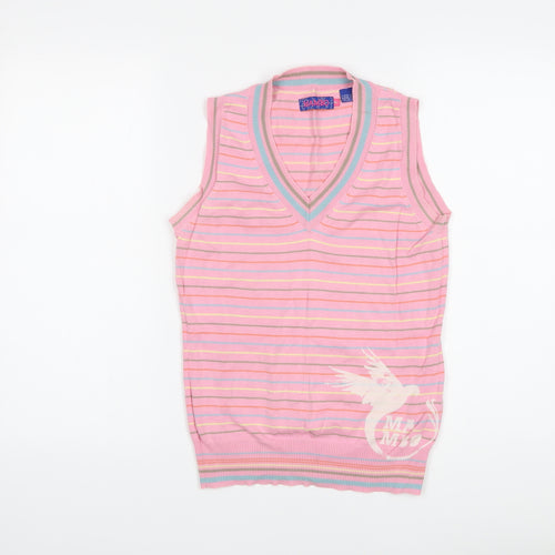 Mambo Womens Pink V-Neck Striped Cotton Vest Jumper Size M