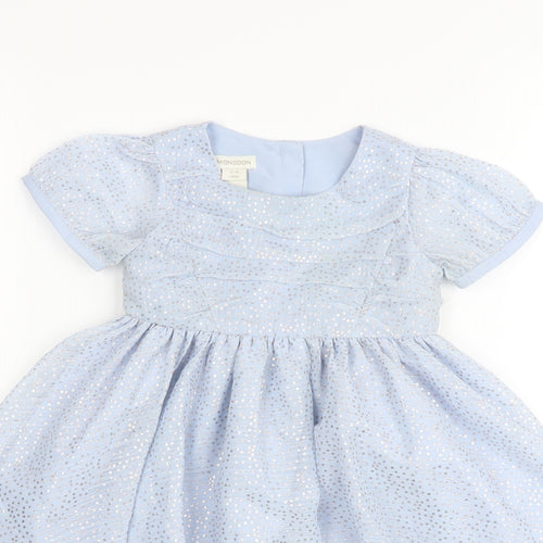 Monsoon Girls Blue Polka Dot Polyester A-Line Size 12-18 Months Round Neck Button