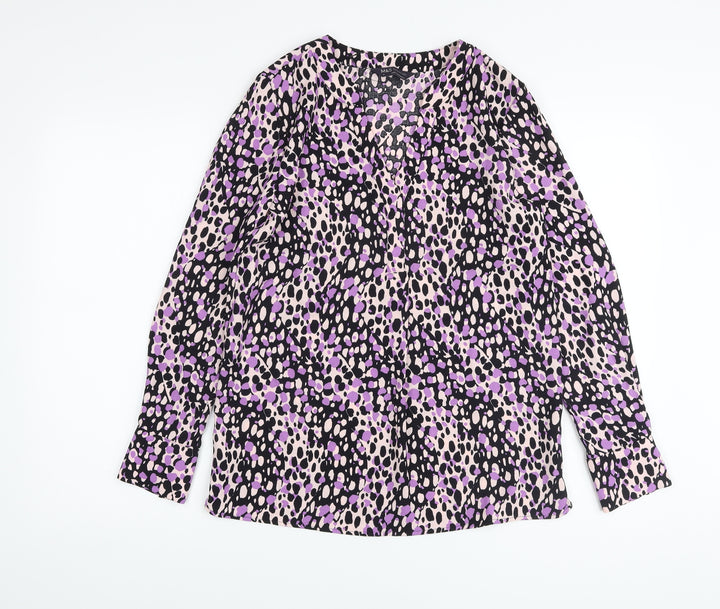 Marks and Spencer Womens Purple Animal Print Viscose Basic Blouse Size 6 V-Neck