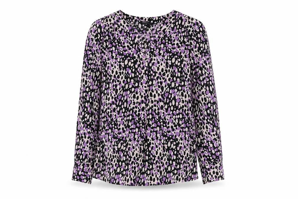 Front view of Marks & Spencer women’s purple animal print viscose basic blouse, size UK 6, v-neck
