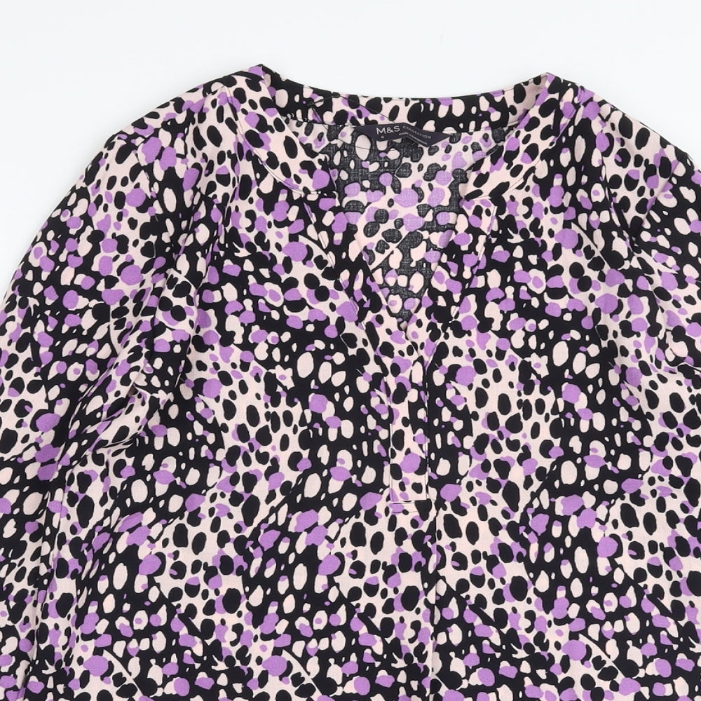 Marks and Spencer Womens Purple Animal Print Viscose Basic Blouse Size 6 V-Neck