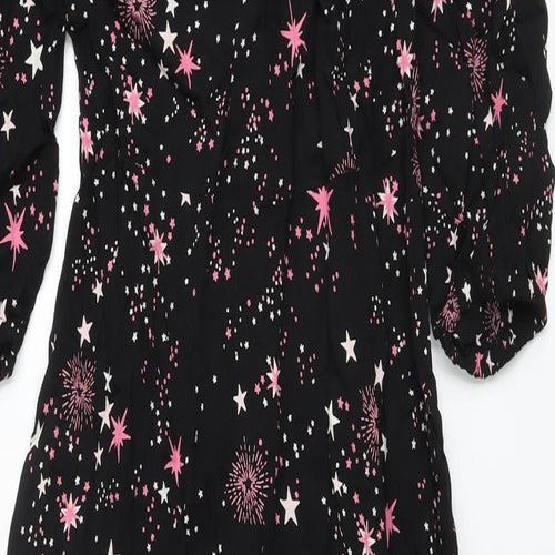 Marks and Spencer Womens Black Geometric Viscose A-Line Size 8 Crew Neck Zip
