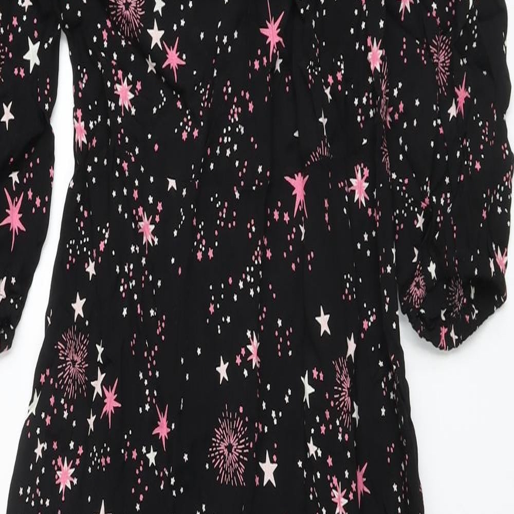 Marks and Spencer Womens Black Geometric Viscose A-Line Size 8 Crew Neck Zip