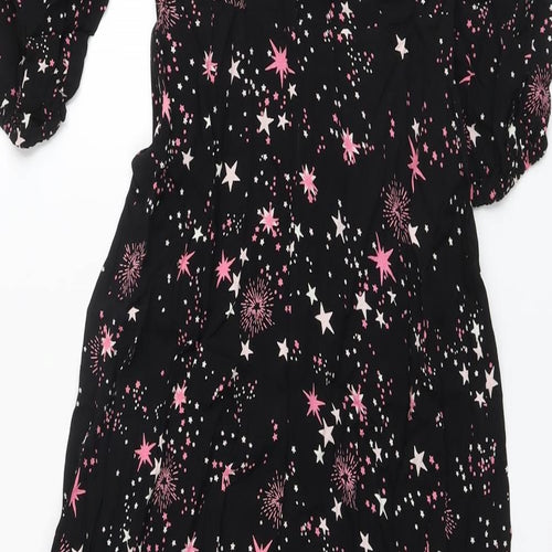 Marks and Spencer Womens Black Geometric Viscose A-Line Size 8 Crew Neck Zip