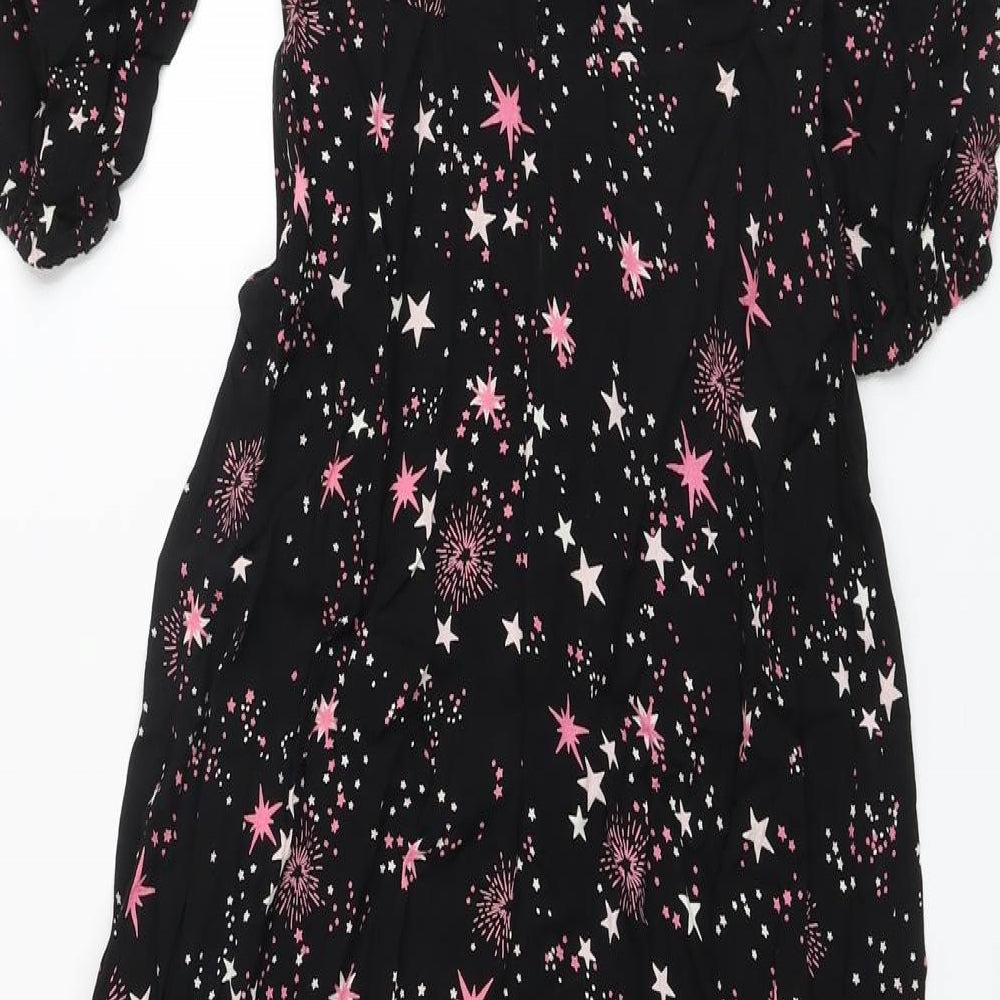 Marks and Spencer Womens Black Geometric Viscose A-Line Size 8 Crew Neck Zip