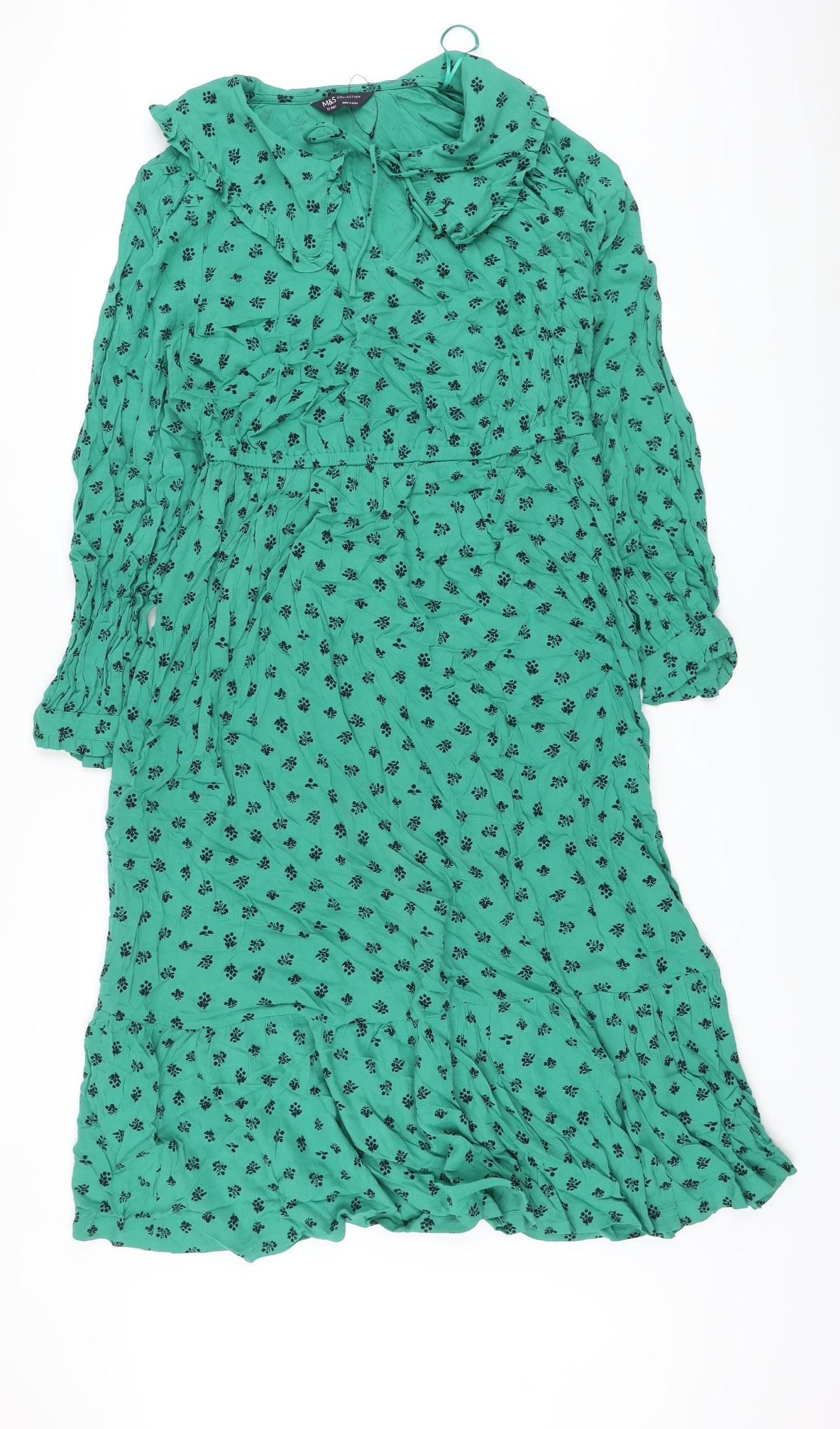 Marks and Spencer Womens Green Geometric Viscose A-Line Size 10 Round Neck Tie
