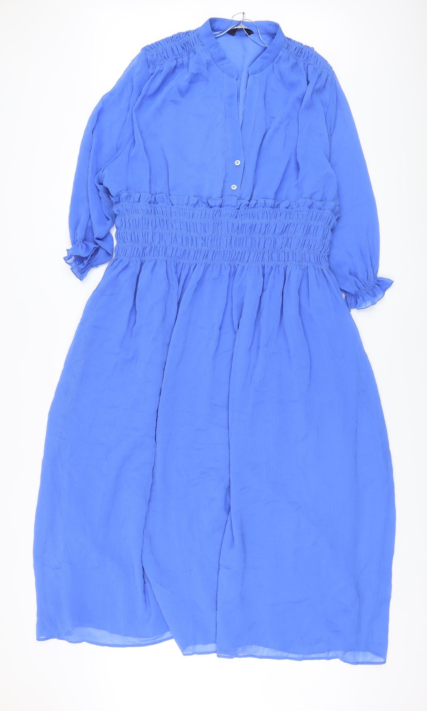 Marks and Spencer Womens Blue Polyester A-Line Size 22 V-Neck Button